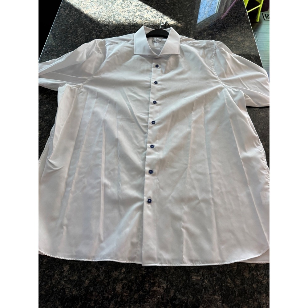 Atelier Munro Men XLWhite Cotton Short Sleeve Dress Shirt Blue Buttons MSHC0000